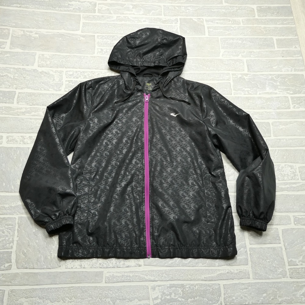 Everlast Jacket Womens Large Black Geometric Lightweight Hooded Windbreaker Coat